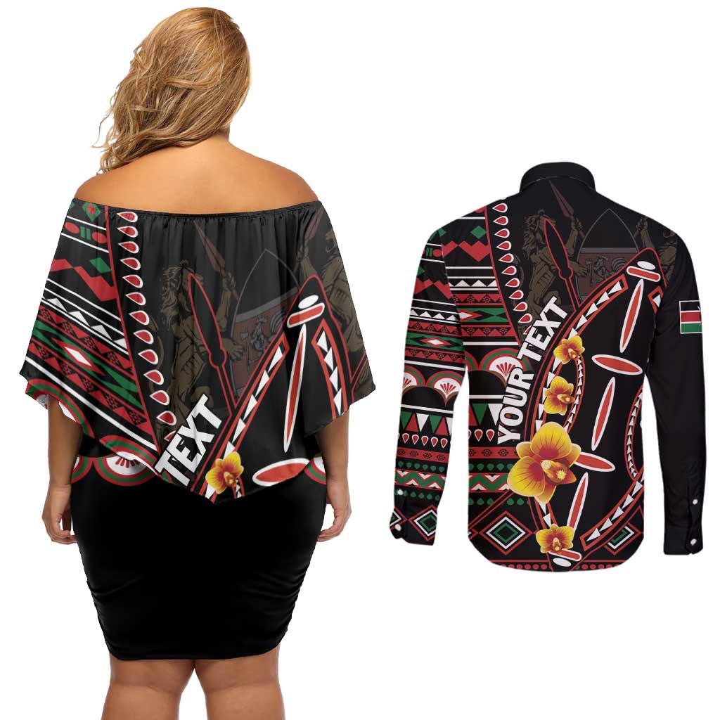 Personalized Kenya Couples Matching Off Shoulder Short Dress and Long Sleeve Button Shirt Jamhuri ya Kenya Shield - Wonder Print Shop