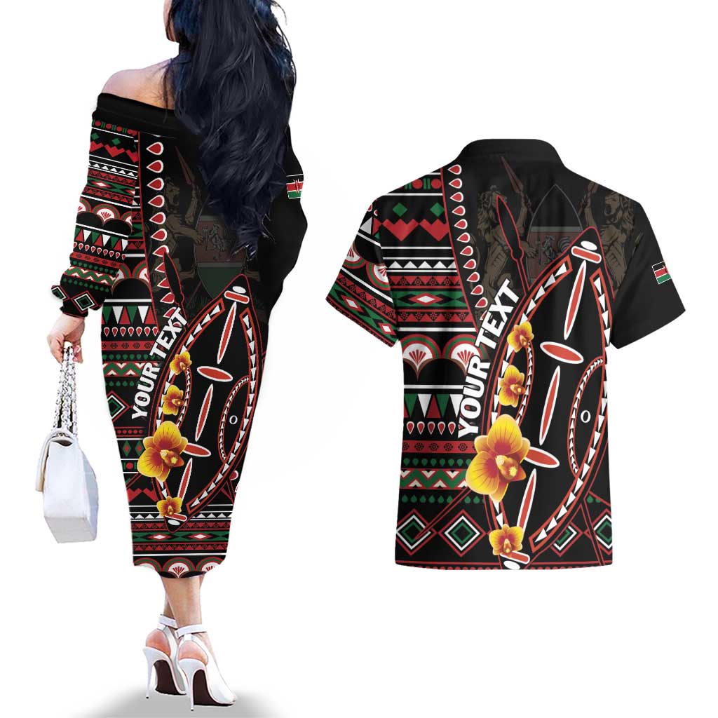 Personalized Kenya Couples Matching Off The Shoulder Long Sleeve Dress and Hawaiian Shirt Jamhuri ya Kenya Shield - Wonder Print Shop