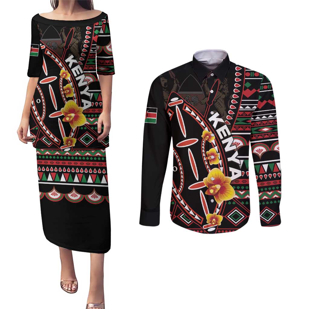 Personalized Kenya Couples Matching Puletasi and Long Sleeve Button Shirt Jamhuri ya Kenya Shield - Wonder Print Shop