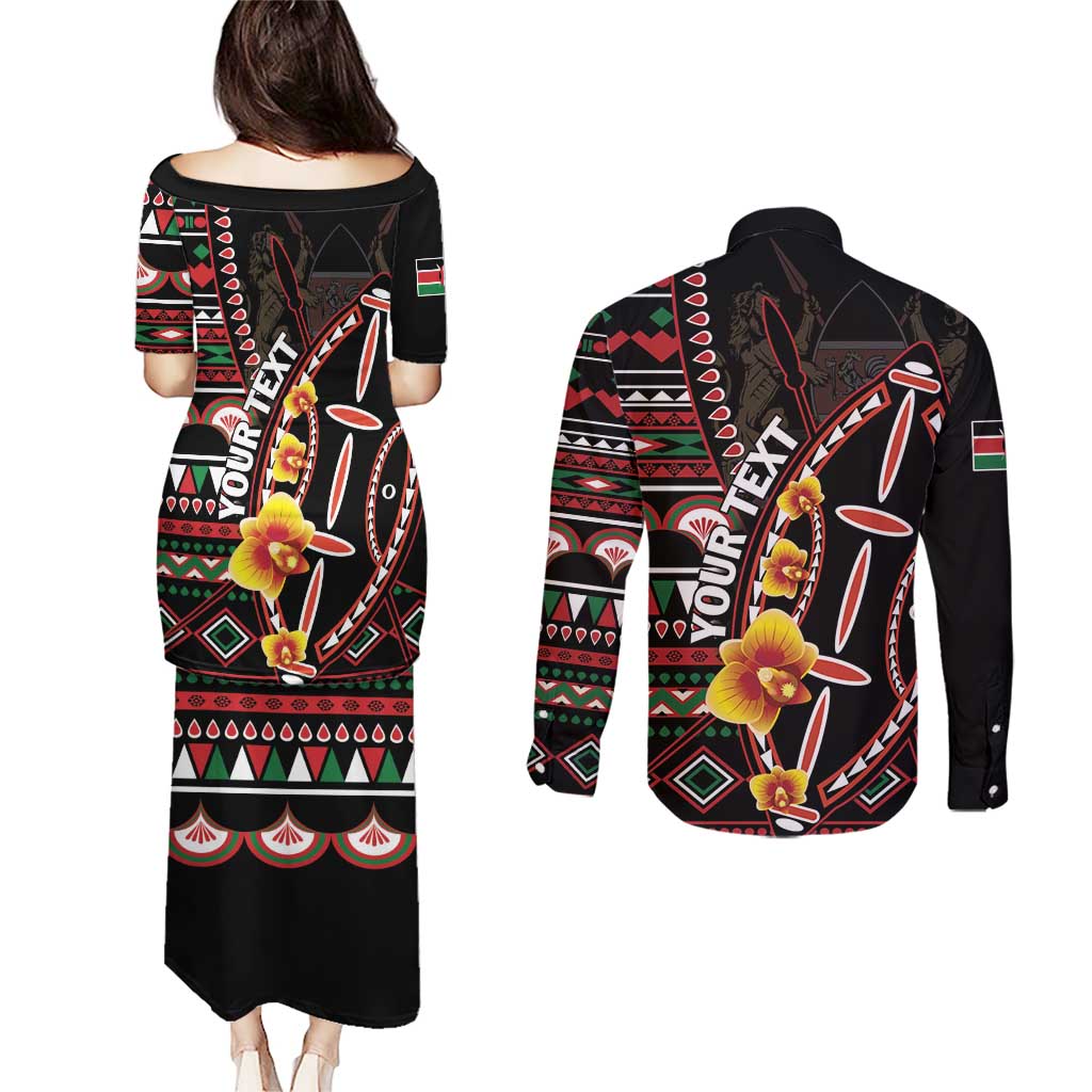 Personalized Kenya Couples Matching Puletasi and Long Sleeve Button Shirt Jamhuri ya Kenya Shield - Wonder Print Shop