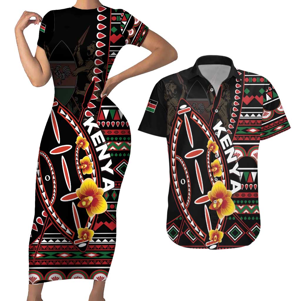 Personalized Kenya Couples Matching Short Sleeve Bodycon Dress and Hawaiian Shirt Jamhuri ya Kenya Shield - Wonder Print Shop