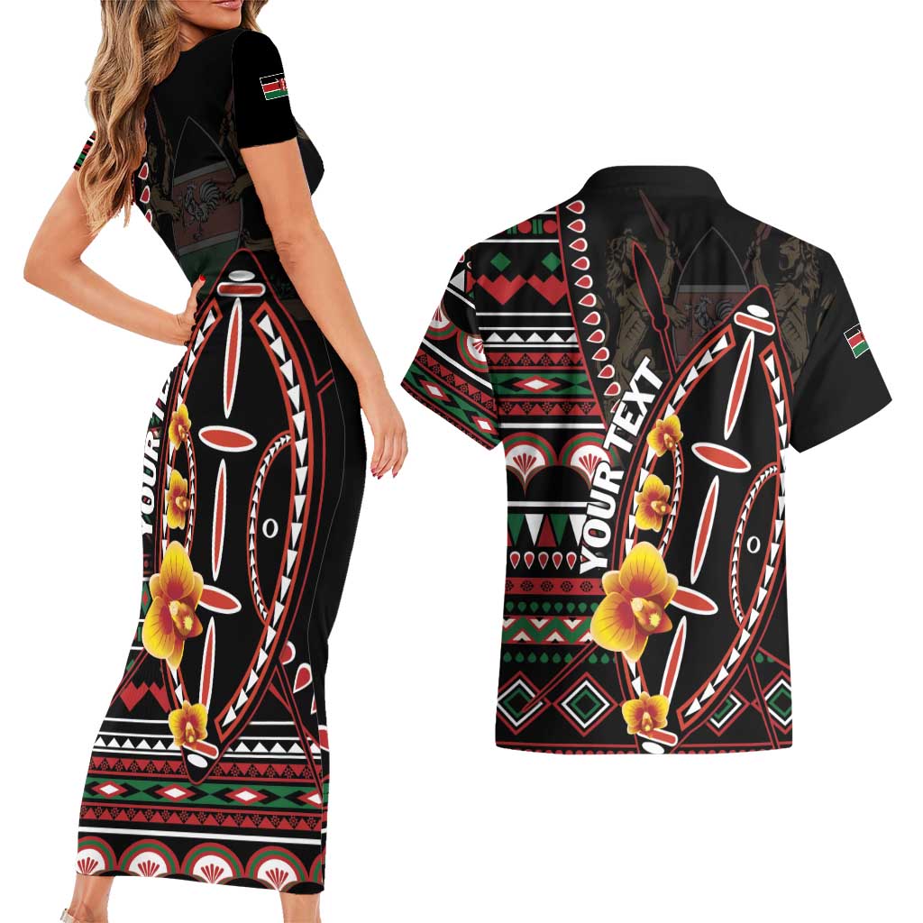 Personalized Kenya Couples Matching Short Sleeve Bodycon Dress and Hawaiian Shirt Jamhuri ya Kenya Shield - Wonder Print Shop