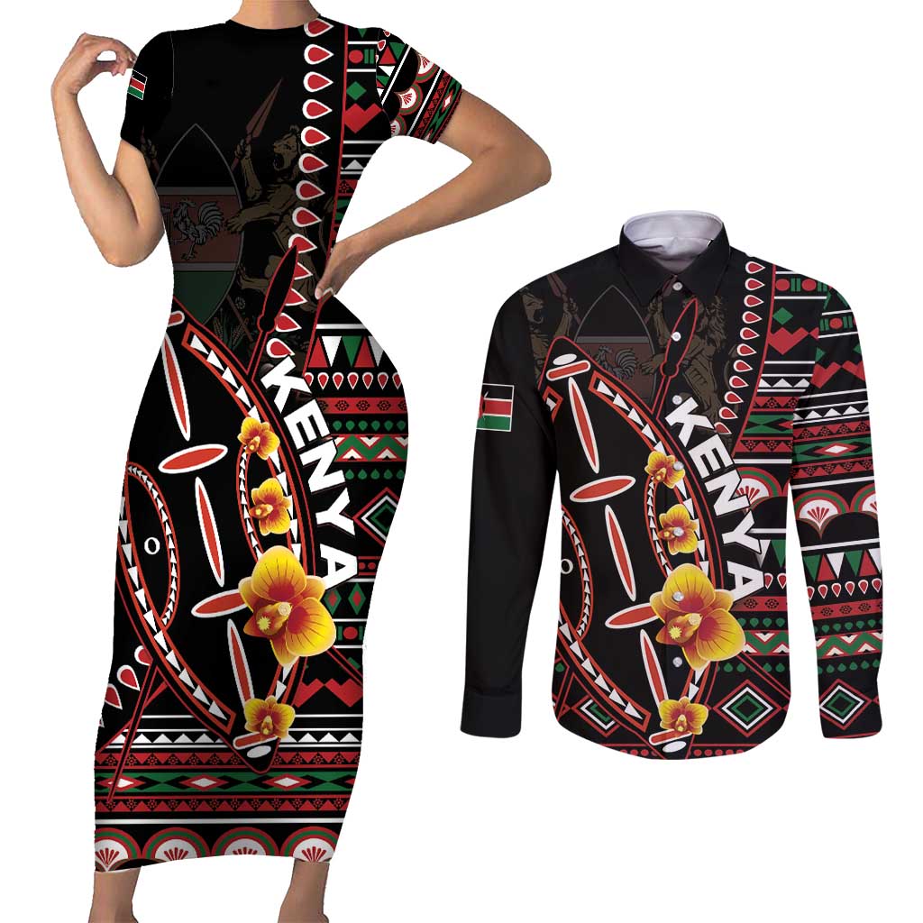 Personalized Kenya Couples Matching Short Sleeve Bodycon Dress and Long Sleeve Button Shirt Jamhuri ya Kenya Shield - Wonder Print Shop