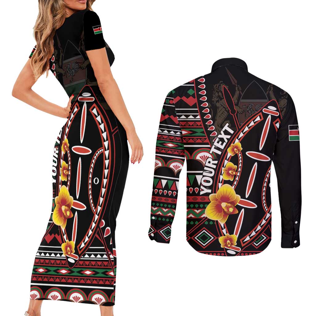 Personalized Kenya Couples Matching Short Sleeve Bodycon Dress and Long Sleeve Button Shirt Jamhuri ya Kenya Shield - Wonder Print Shop