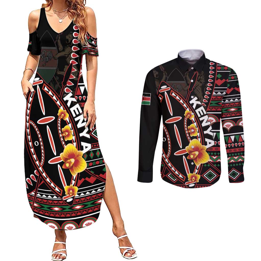 Personalized Kenya Couples Matching Summer Maxi Dress and Long Sleeve Button Shirt Jamhuri ya Kenya Shield - Wonder Print Shop