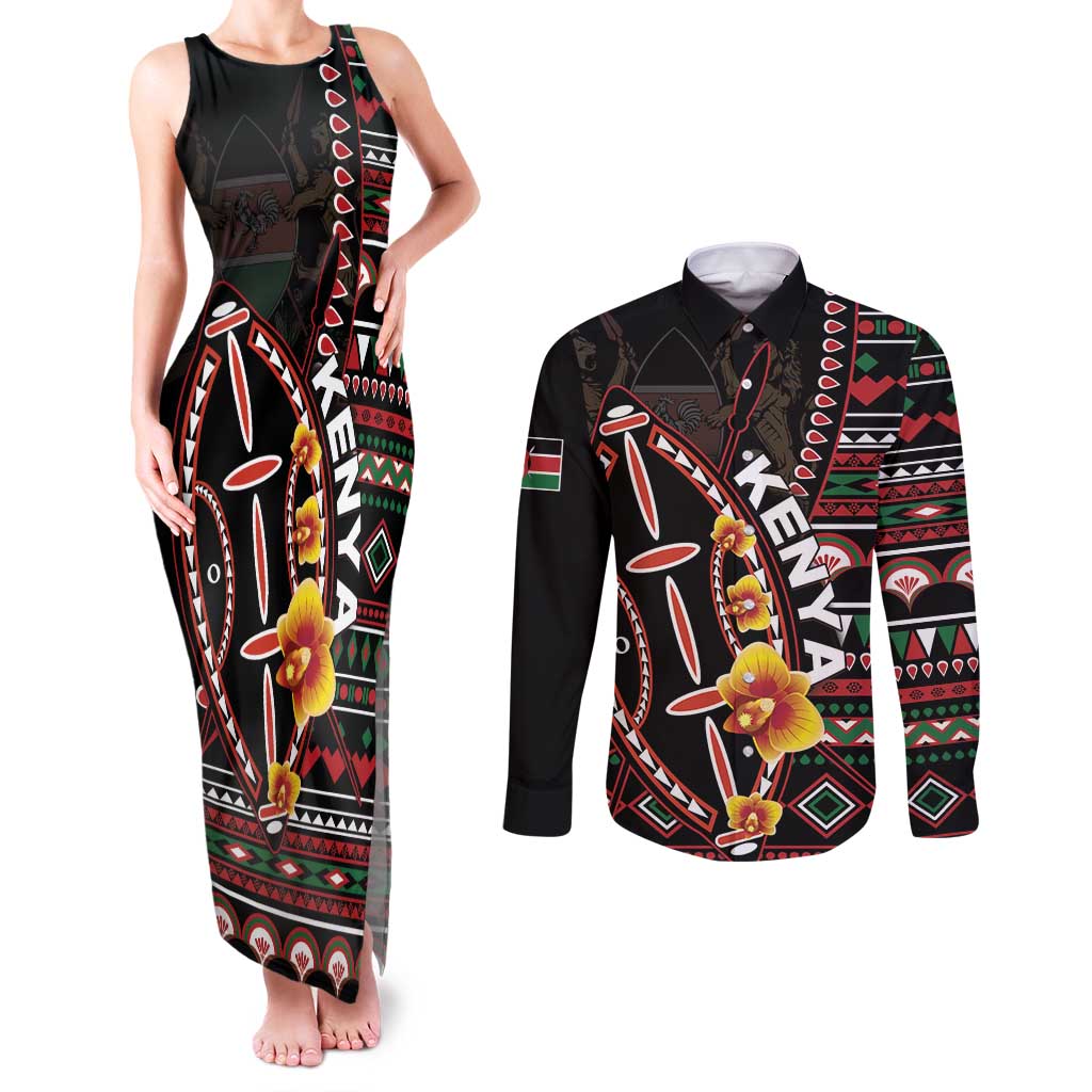 Personalized Kenya Couples Matching Tank Maxi Dress and Long Sleeve Button Shirt Jamhuri ya Kenya Shield - Wonder Print Shop