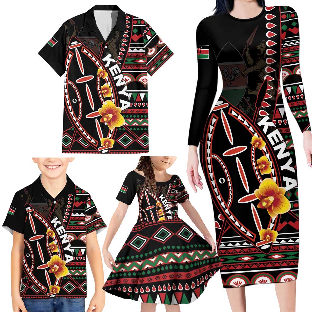 Personalized Kenya Family Matching Long Sleeve Bodycon Dress and Hawaiian Shirt Jamhuri ya Kenya Shield - Wonder Print Shop