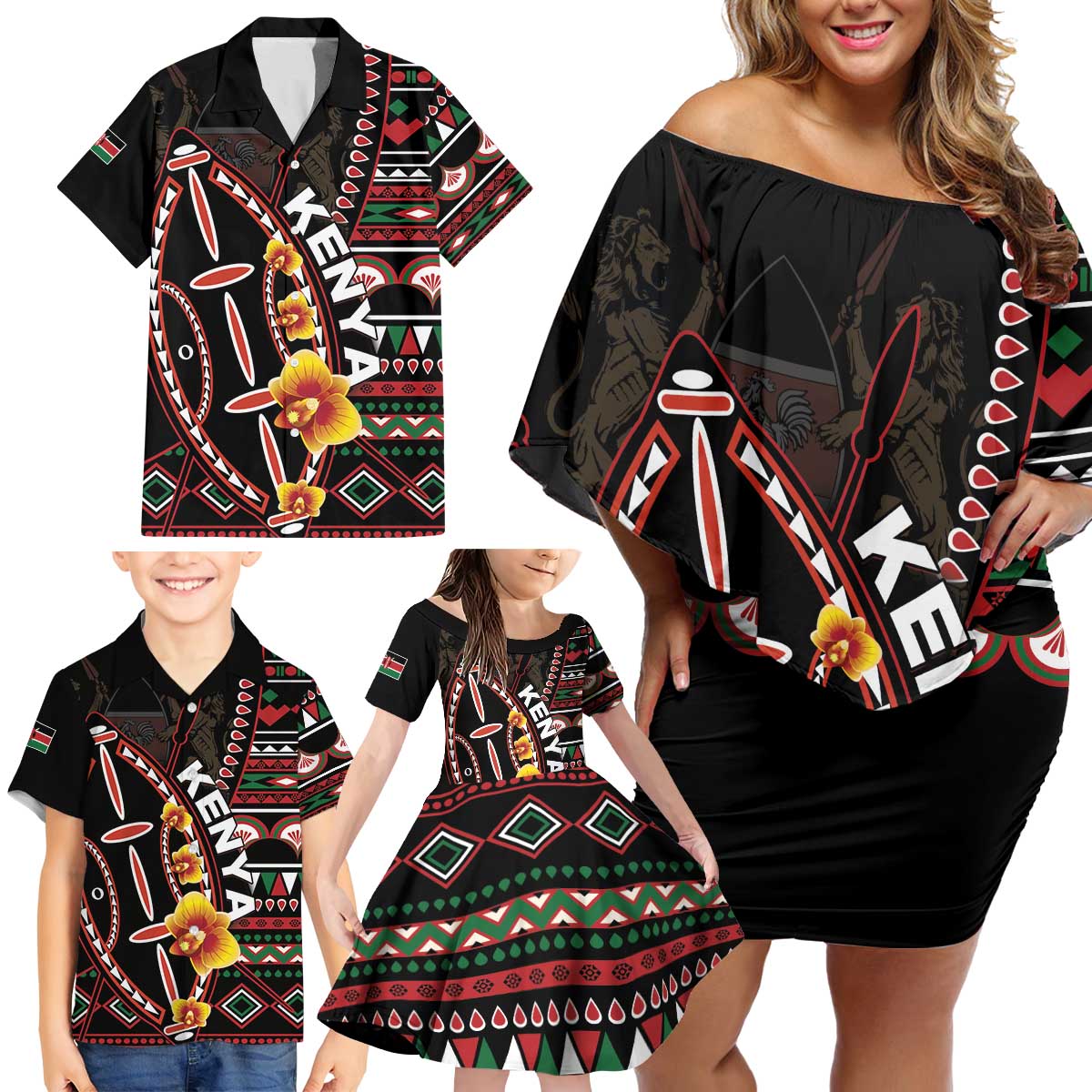 Personalized Kenya Family Matching Off Shoulder Short Dress and Hawaiian Shirt Jamhuri ya Kenya Shield - Wonder Print Shop