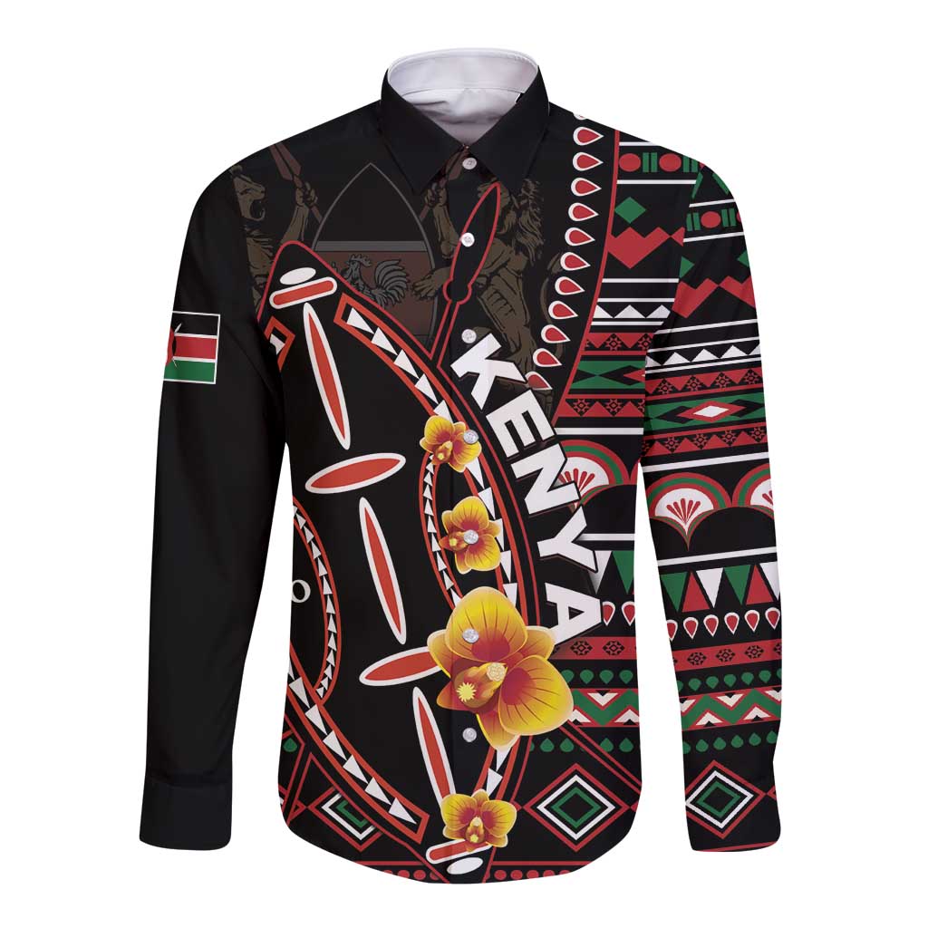 Personalized Kenya Long Sleeve Button Shirt Jamhuri ya Kenya Shield - Wonder Print Shop