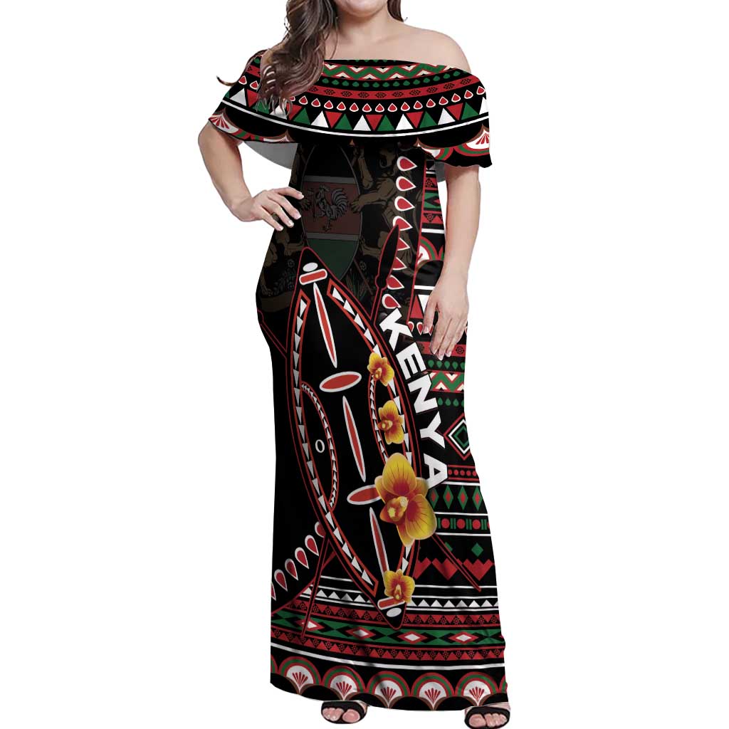 Personalized Kenya Off Shoulder Maxi Dress Jamhuri ya Kenya Shield - Wonder Print Shop