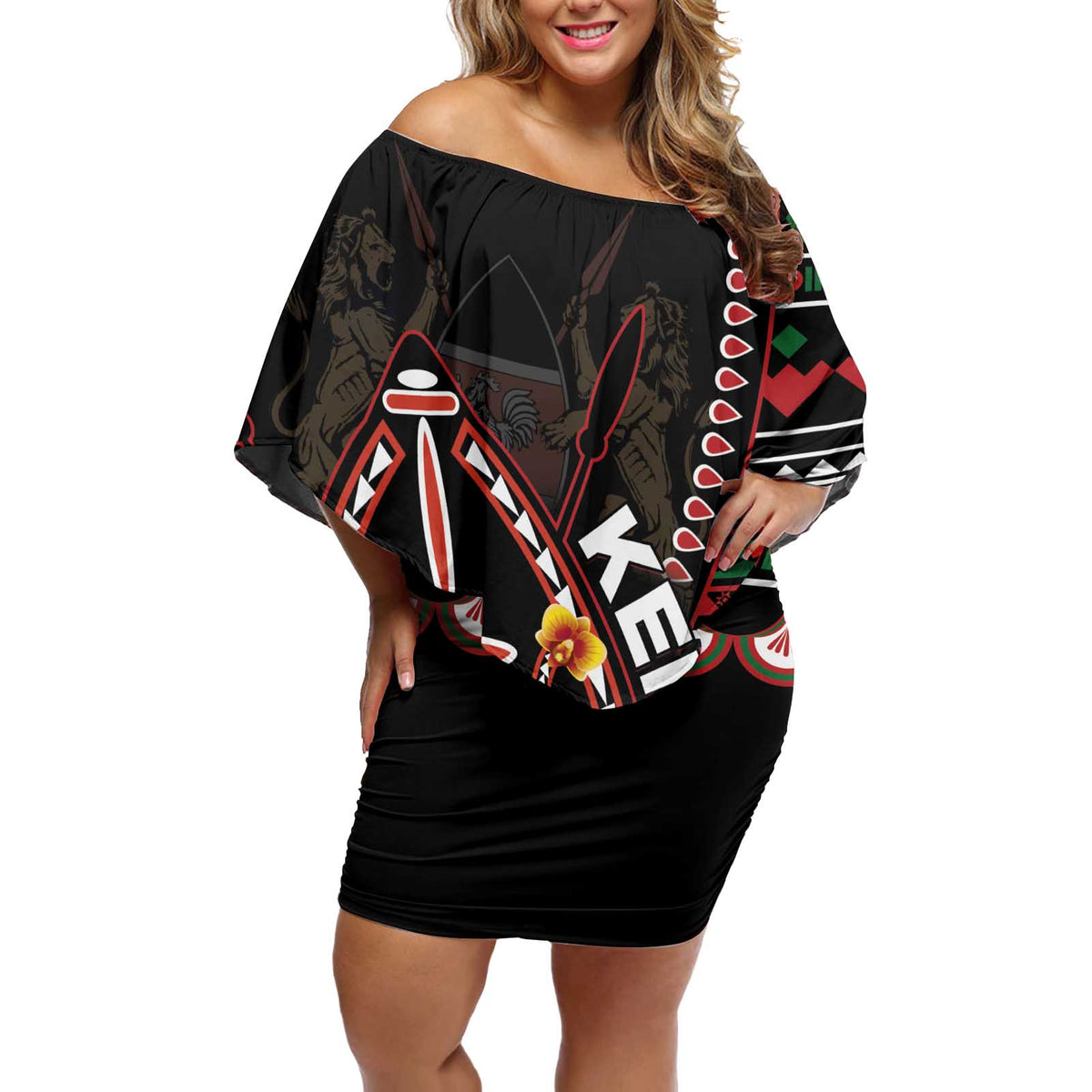 Personalized Kenya Off Shoulder Short Dress Jamhuri ya Kenya Shield - Wonder Print Shop