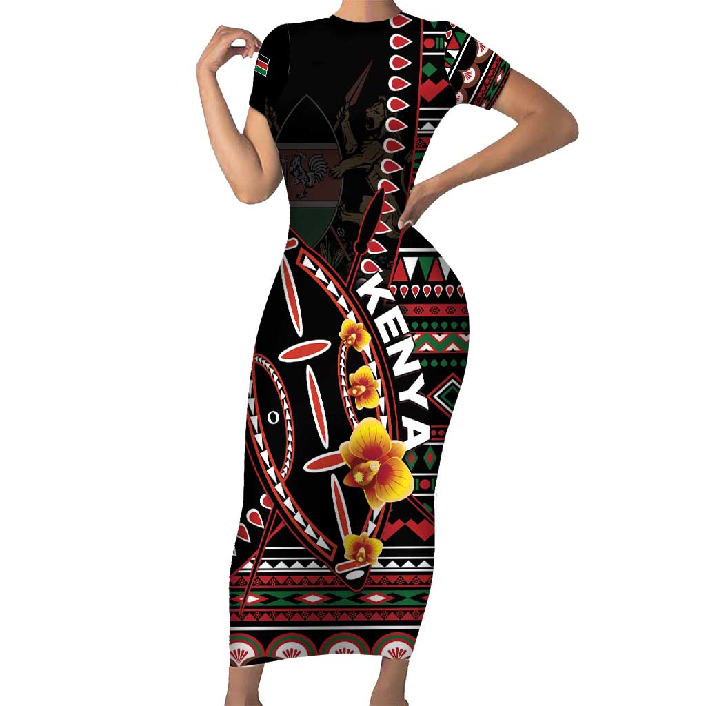 Personalized Kenya Short Sleeve Bodycon Dress Jamhuri ya Kenya Shield - Wonder Print Shop