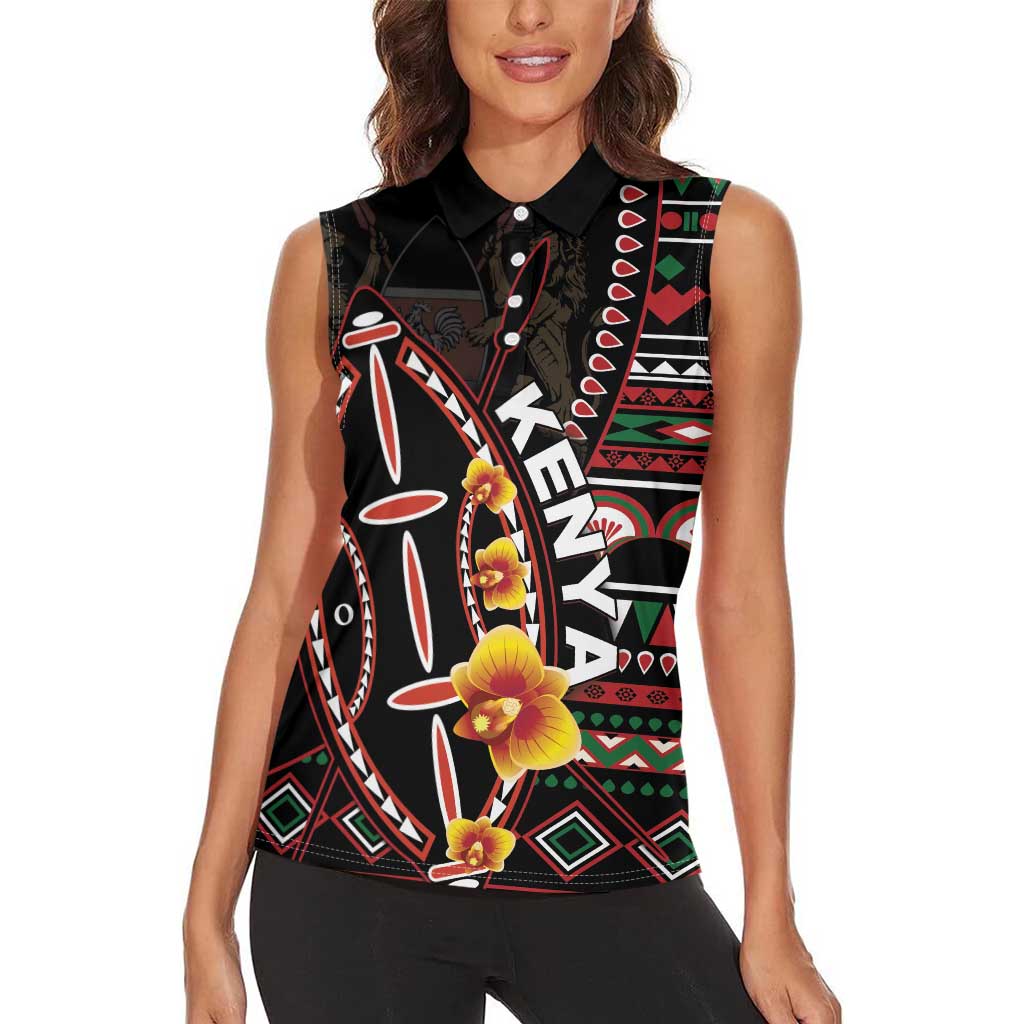 Personalized Kenya Women Sleeveless Polo Shirt Jamhuri ya Kenya Shield - Wonder Print Shop