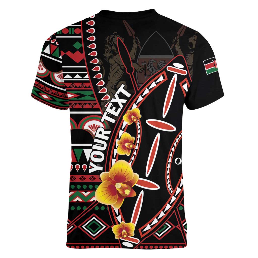 Personalized Kenya Women V-Neck T-Shirt Jamhuri ya Kenya Shield - Wonder Print Shop