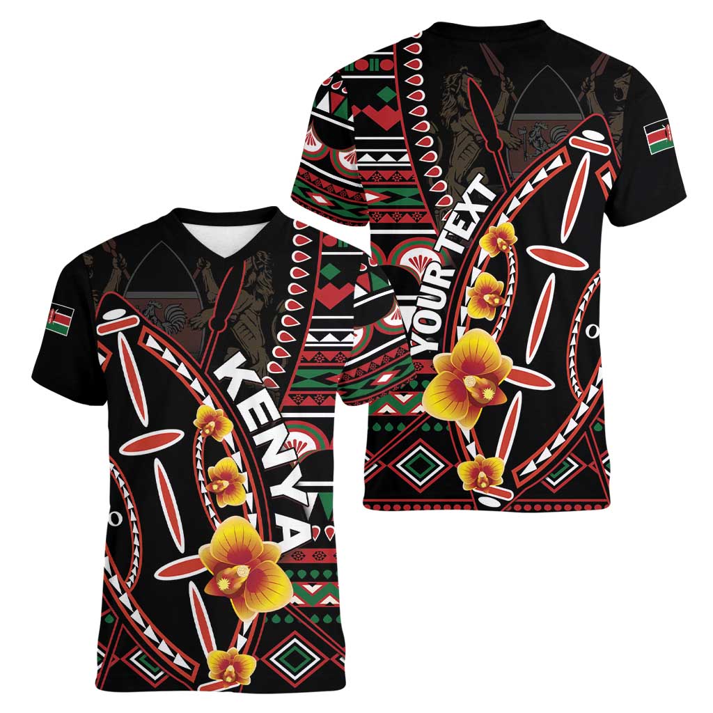 Personalized Kenya Women V-Neck T-Shirt Jamhuri ya Kenya Shield - Wonder Print Shop