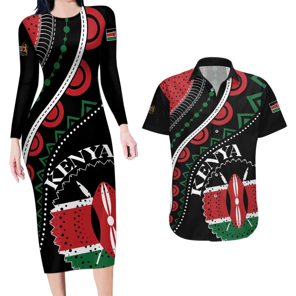 Personalized Kenya Couples Matching Long Sleeve Bodycon Dress and Hawaiian Shirt Harambee African Pattern - Wonder Print Shop