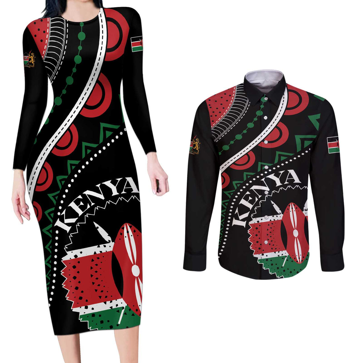 Personalized Kenya Couples Matching Long Sleeve Bodycon Dress and Long Sleeve Button Shirt Harambee African Pattern - Wonder Print Shop