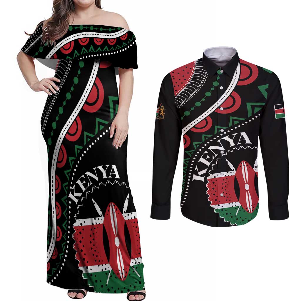 Personalized Kenya Couples Matching Off Shoulder Maxi Dress and Long Sleeve Button Shirt Harambee African Pattern - Wonder Print Shop