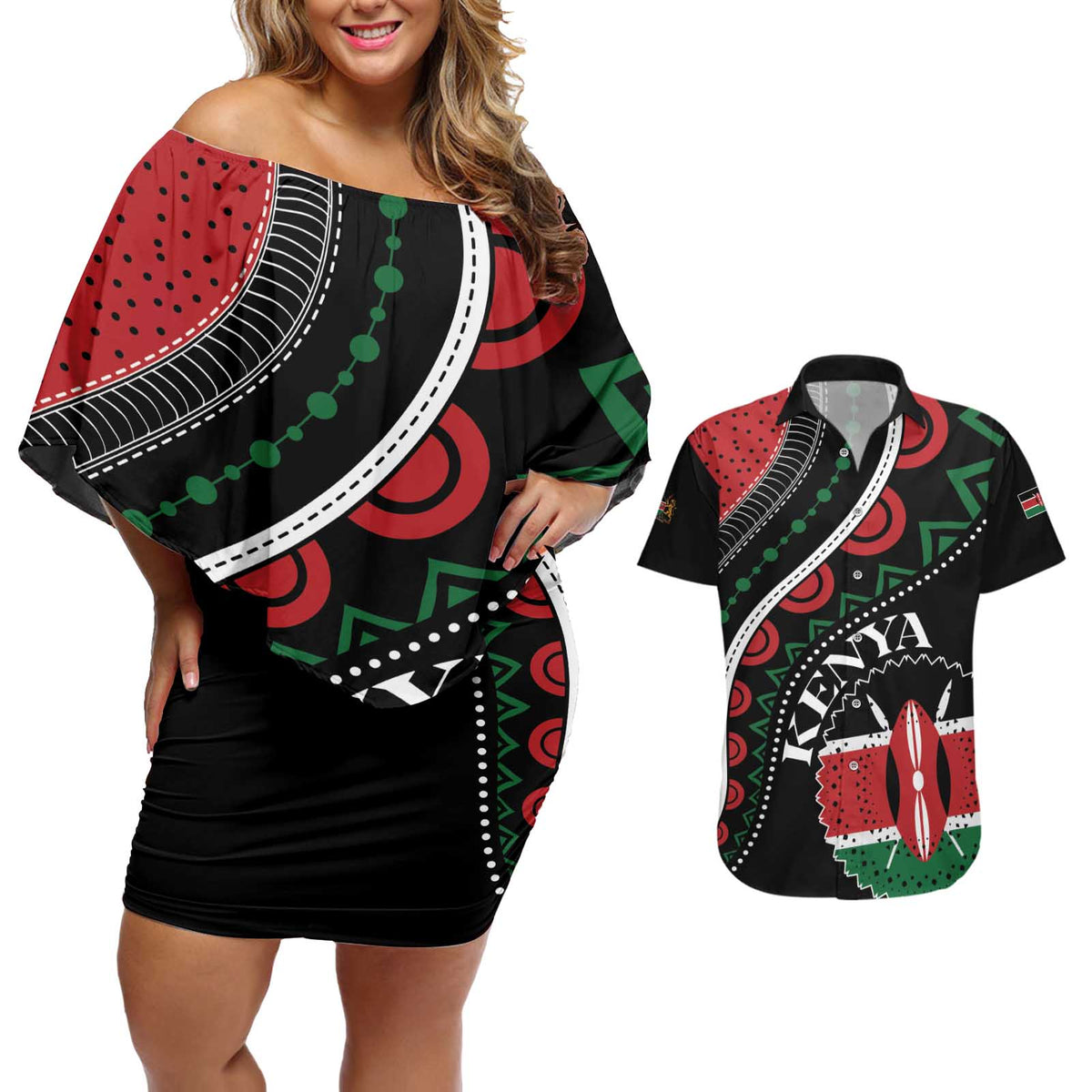Personalized Kenya Couples Matching Off Shoulder Short Dress and Hawaiian Shirt Harambee African Pattern - Wonder Print Shop