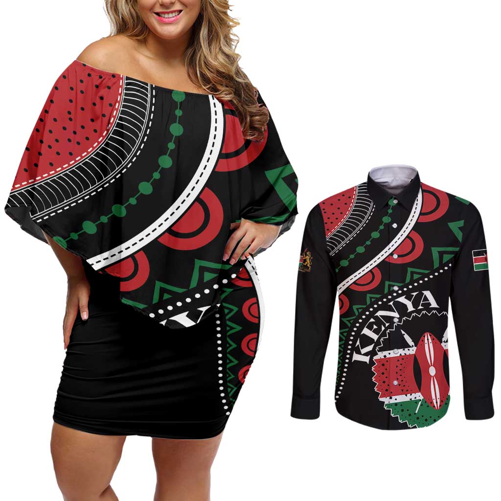 Personalized Kenya Couples Matching Off Shoulder Short Dress and Long Sleeve Button Shirt Harambee African Pattern - Wonder Print Shop