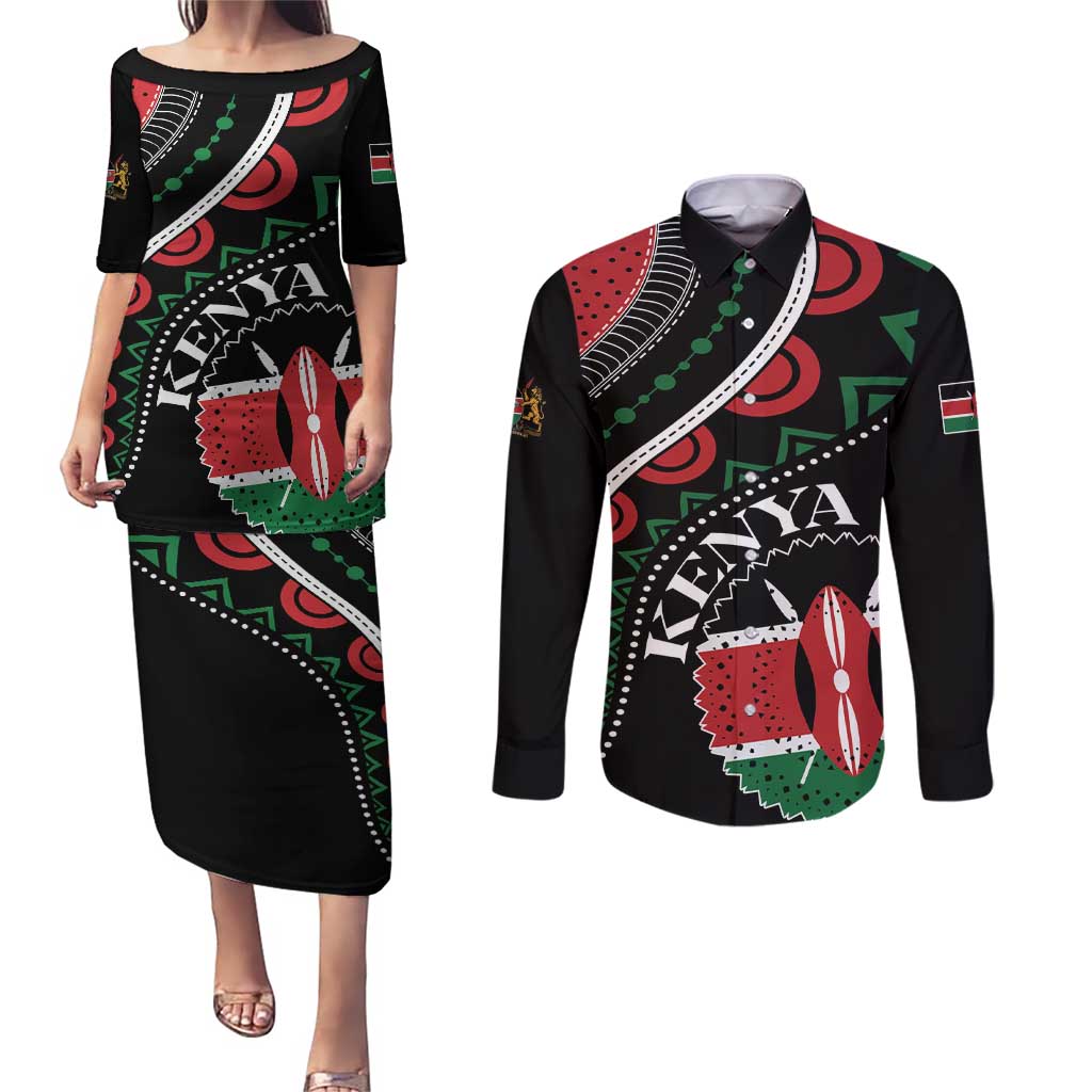 Personalized Kenya Couples Matching Puletasi and Long Sleeve Button Shirt Harambee African Pattern - Wonder Print Shop