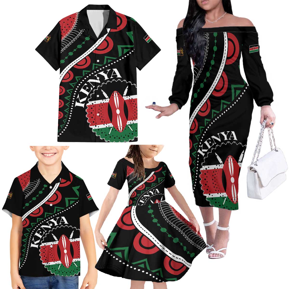 Personalized Kenya Family Matching Off The Shoulder Long Sleeve Dress and Hawaiian Shirt Harambee African Pattern - Wonder Print Shop