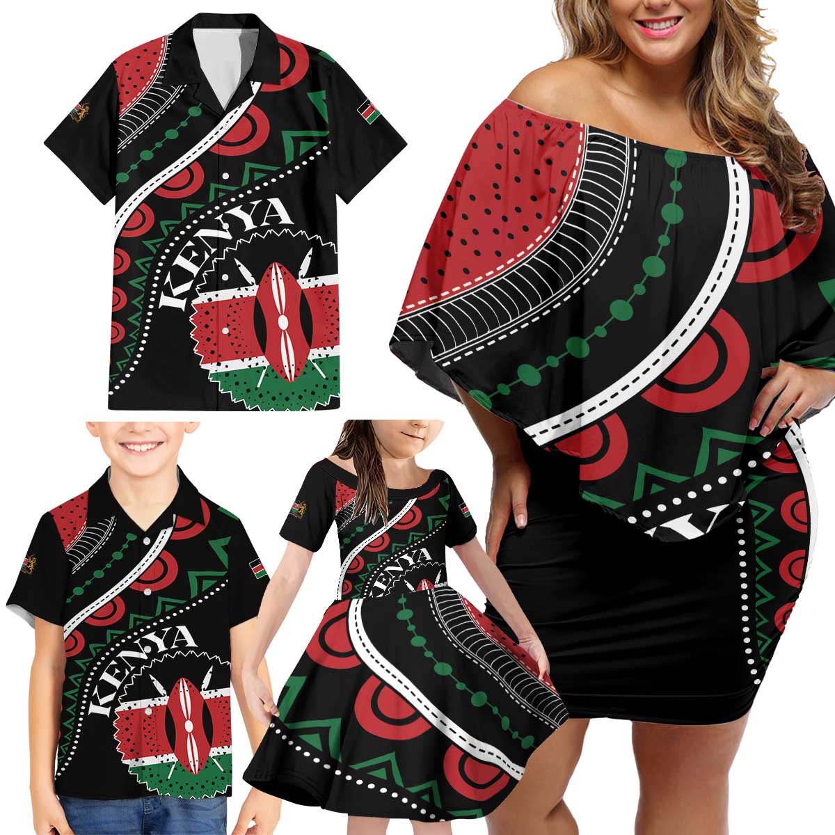 Personalized Kenya Family Matching Off Shoulder Short Dress and Hawaiian Shirt Harambee African Pattern - Wonder Print Shop