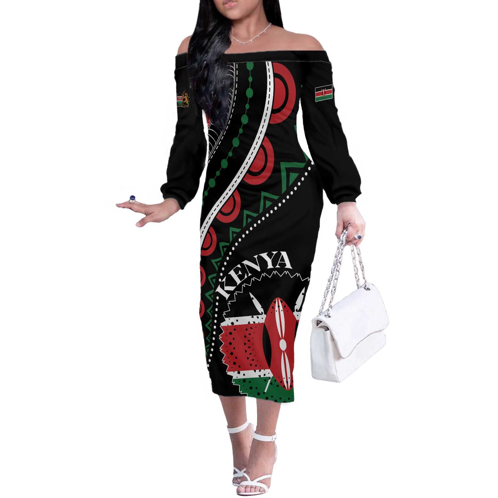 Personalized Kenya Off The Shoulder Long Sleeve Dress Harambee African Pattern - Wonder Print Shop