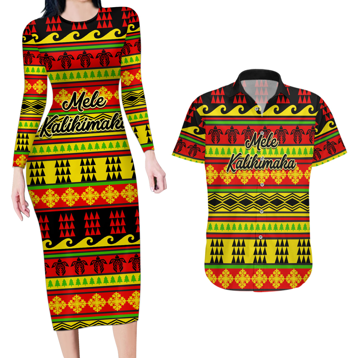 Custom Hawaii Christmas Couples Matching Long Sleeve Bodycon Dress and Hawaiian Shirt Hawaiian Quilt Pattern Reggae Version - Wonder Print Shop