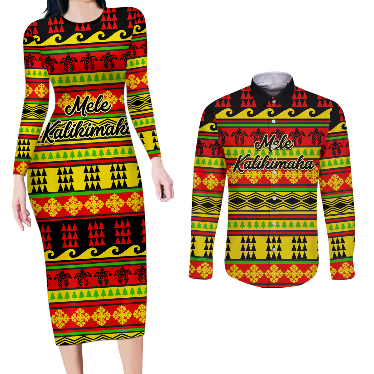 Custom Hawaii Christmas Couples Matching Long Sleeve Bodycon Dress and Long Sleeve Button Shirt Hawaiian Quilt Pattern Reggae Version - Wonder Print Shop
