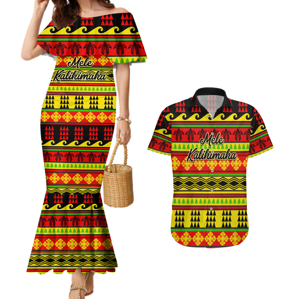 Custom Hawaii Christmas Couples Matching Mermaid Dress and Hawaiian Shirt Hawaiian Quilt Pattern Reggae Version - Wonder Print Shop