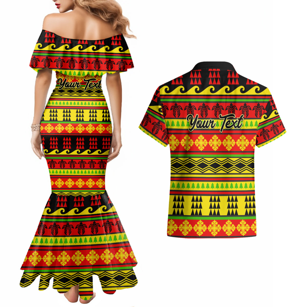 Custom Hawaii Christmas Couples Matching Mermaid Dress and Hawaiian Shirt Hawaiian Quilt Pattern Reggae Version - Wonder Print Shop