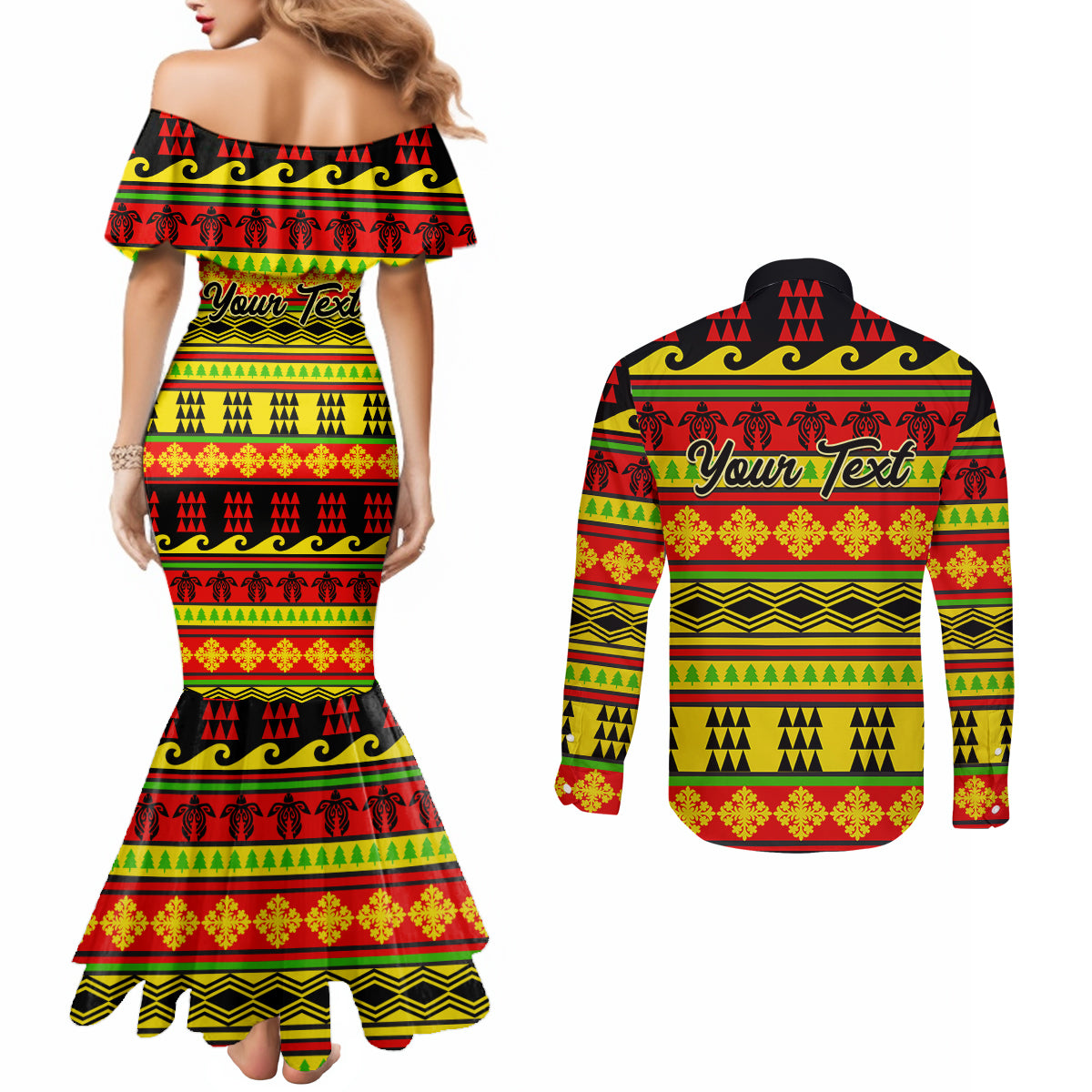 custom-hawaii-christmas-couples-matching-mermaid-dress-and-long-sleeve-button-shirt-hawaiian-quilt-pattern-reggae-version