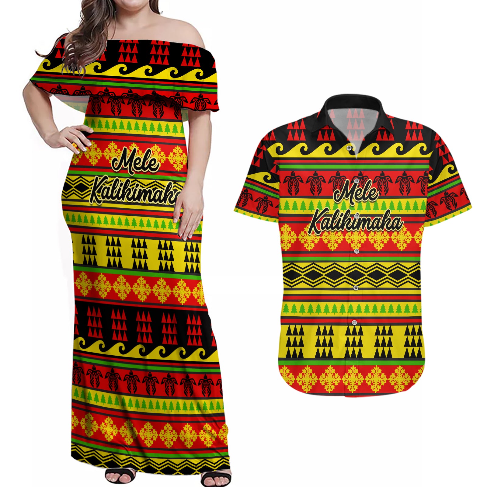 Custom Hawaii Christmas Couples Matching Off Shoulder Maxi Dress and Hawaiian Shirt Hawaiian Quilt Pattern Reggae Version - Wonder Print Shop