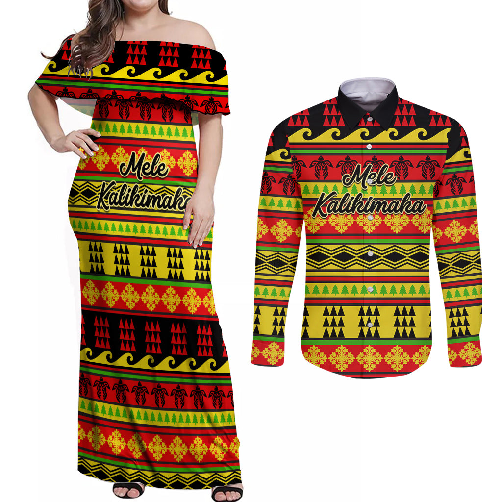 Custom Hawaii Christmas Couples Matching Off Shoulder Maxi Dress and Long Sleeve Button Shirt Hawaiian Quilt Pattern Reggae Version - Wonder Print Shop