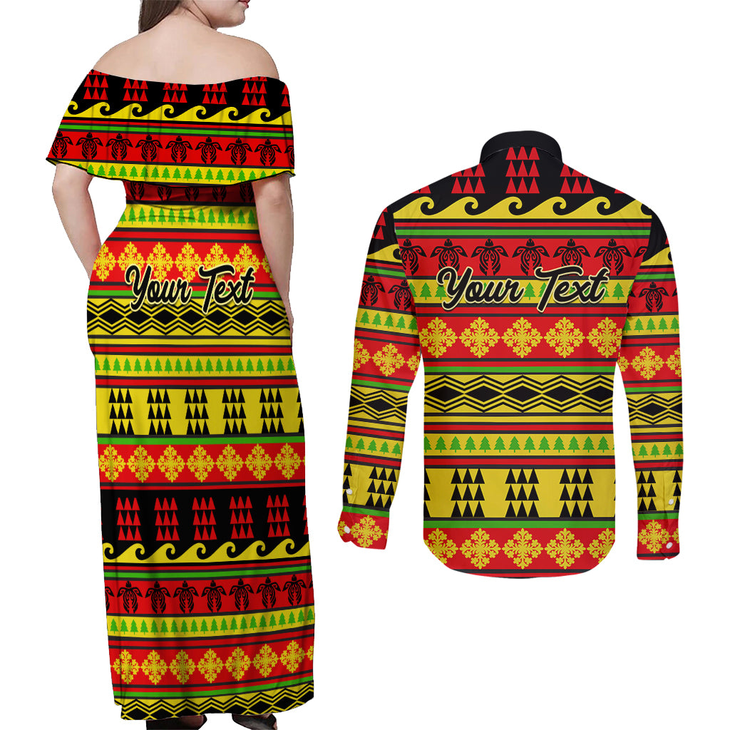Custom Hawaii Christmas Couples Matching Off Shoulder Maxi Dress and Long Sleeve Button Shirt Hawaiian Quilt Pattern Reggae Version - Wonder Print Shop