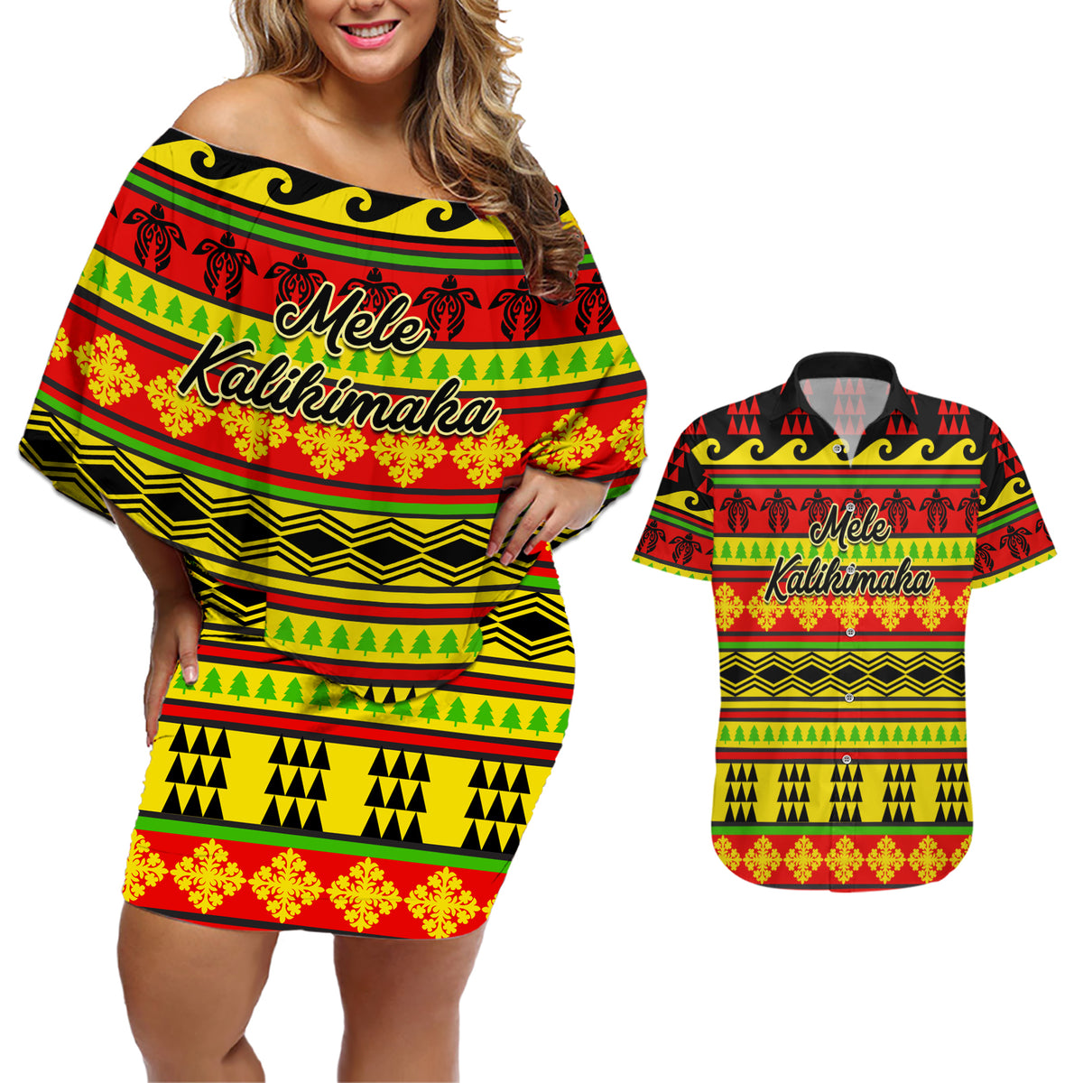 Custom Hawaii Christmas Couples Matching Off Shoulder Short Dress and Hawaiian Shirt Hawaiian Quilt Pattern Reggae Version - Wonder Print Shop