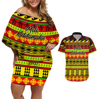 Custom Hawaii Christmas Couples Matching Off Shoulder Short Dress and Hawaiian Shirt Hawaiian Quilt Pattern Reggae Version - Wonder Print Shop