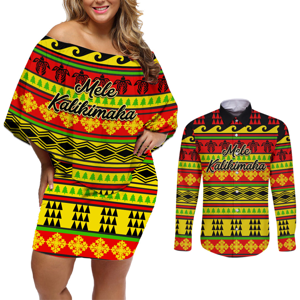 Custom Hawaii Christmas Couples Matching Off Shoulder Short Dress and Long Sleeve Button Shirt Hawaiian Quilt Pattern Reggae Version - Wonder Print Shop