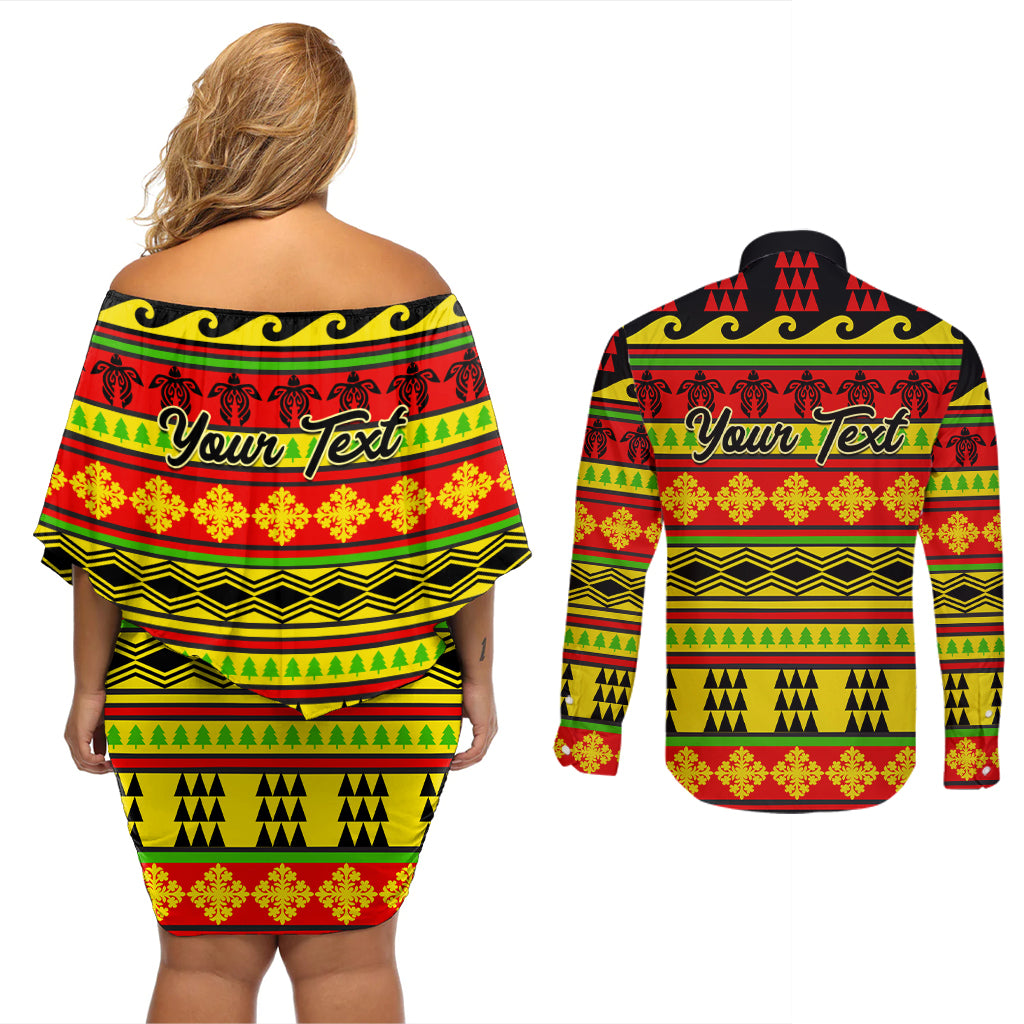 Custom Hawaii Christmas Couples Matching Off Shoulder Short Dress and Long Sleeve Button Shirt Hawaiian Quilt Pattern Reggae Version - Wonder Print Shop