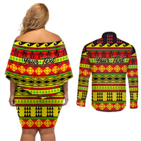 Custom Hawaii Christmas Couples Matching Off Shoulder Short Dress and Long Sleeve Button Shirt Hawaiian Quilt Pattern Reggae Version - Wonder Print Shop