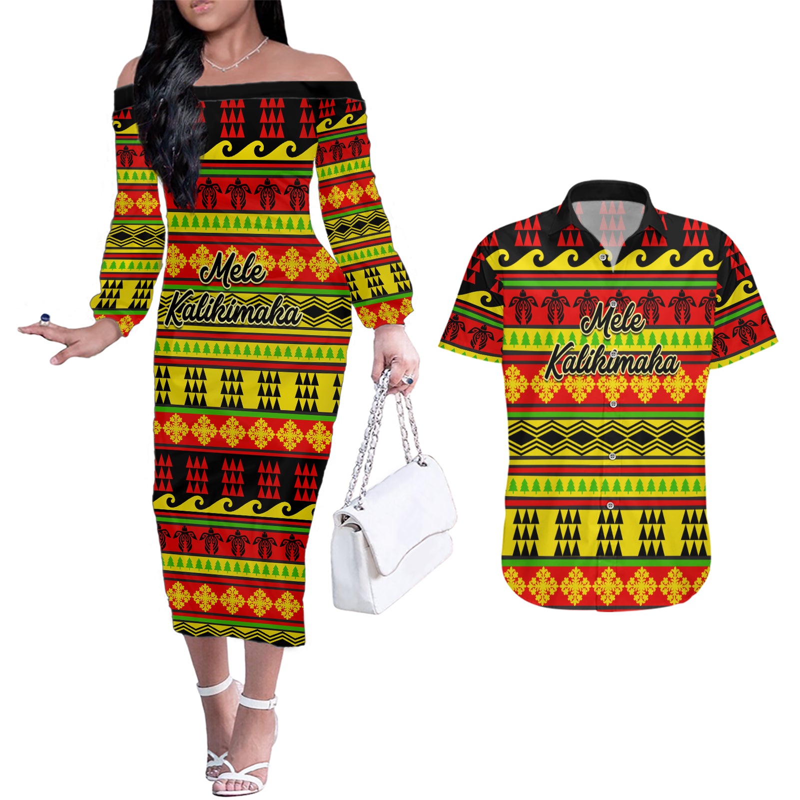 Custom Hawaii Christmas Couples Matching Off The Shoulder Long Sleeve Dress and Hawaiian Shirt Hawaiian Quilt Pattern Reggae Version - Wonder Print Shop