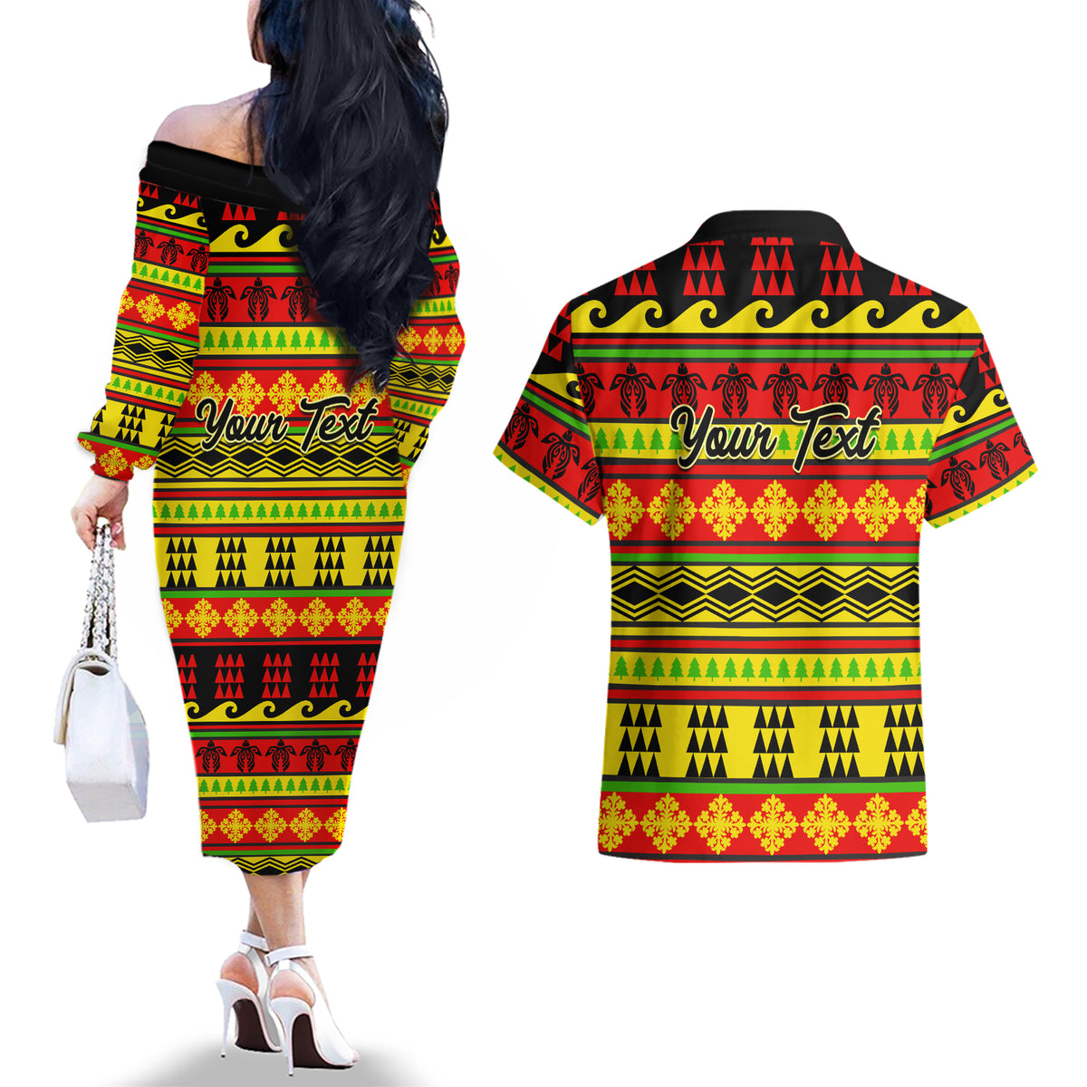 Custom Hawaii Christmas Couples Matching Off The Shoulder Long Sleeve Dress and Hawaiian Shirt Hawaiian Quilt Pattern Reggae Version - Wonder Print Shop