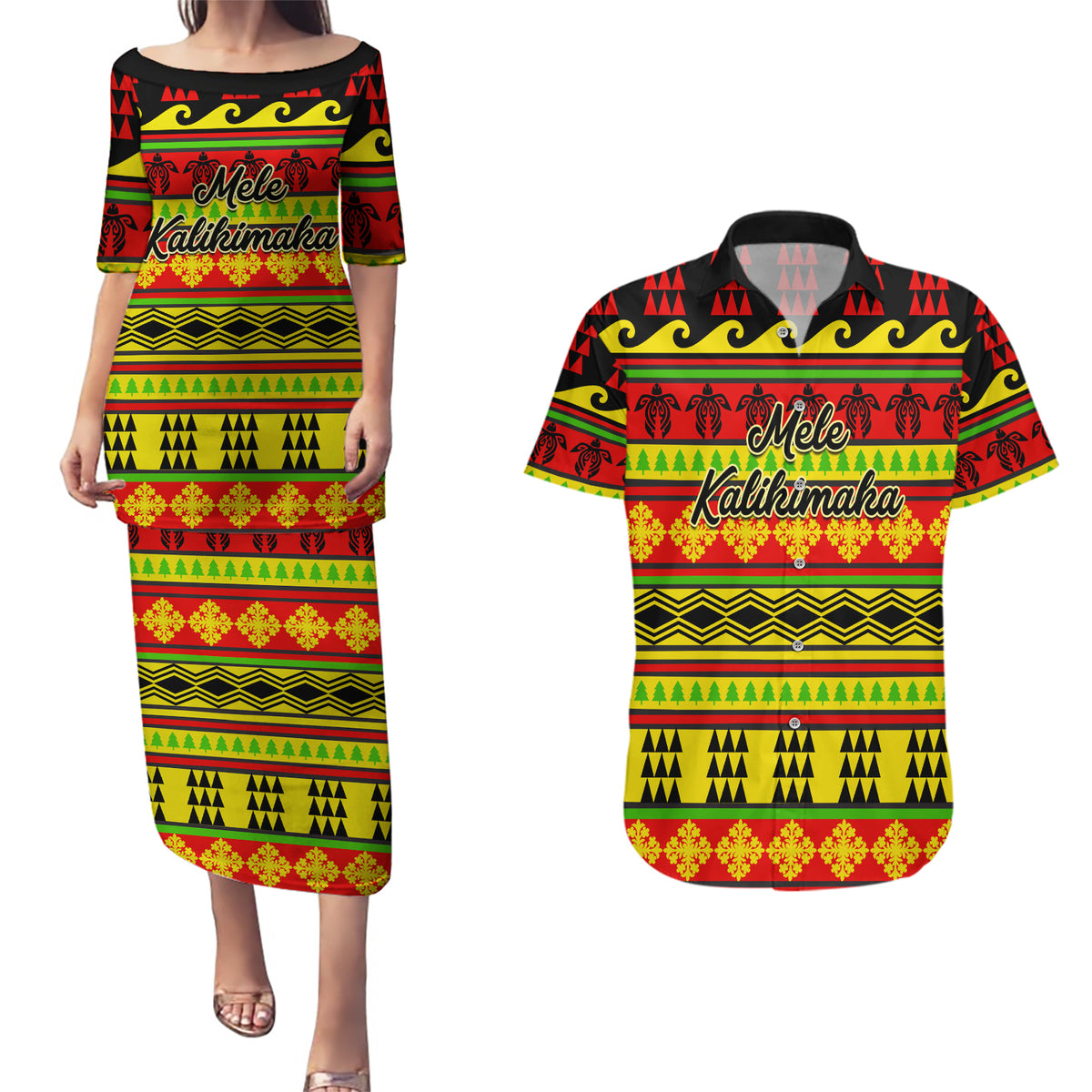 Custom Hawaii Christmas Couples Matching Puletasi Dress and Hawaiian Shirt Hawaiian Quilt Pattern Reggae Version - Wonder Print Shop