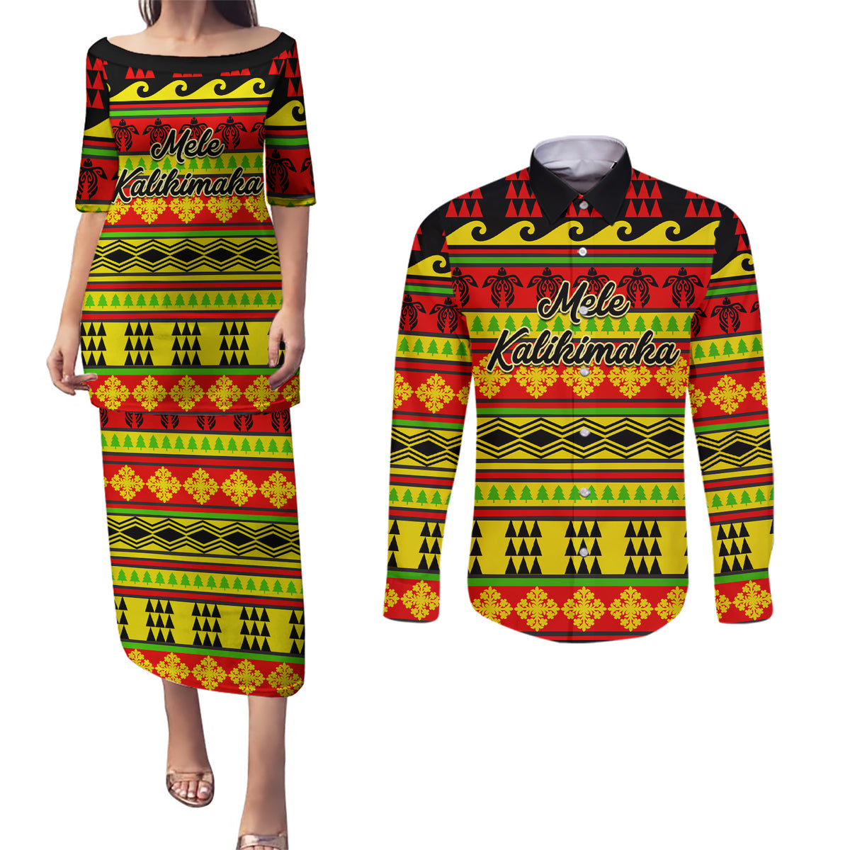 Custom Hawaii Christmas Couples Matching Puletasi Dress and Long Sleeve Button Shirt Hawaiian Quilt Pattern Reggae Version - Wonder Print Shop