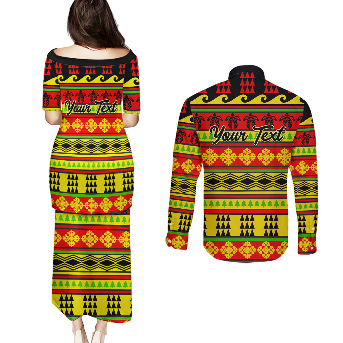 Custom Hawaii Christmas Couples Matching Puletasi Dress and Long Sleeve Button Shirt Hawaiian Quilt Pattern Reggae Version - Wonder Print Shop