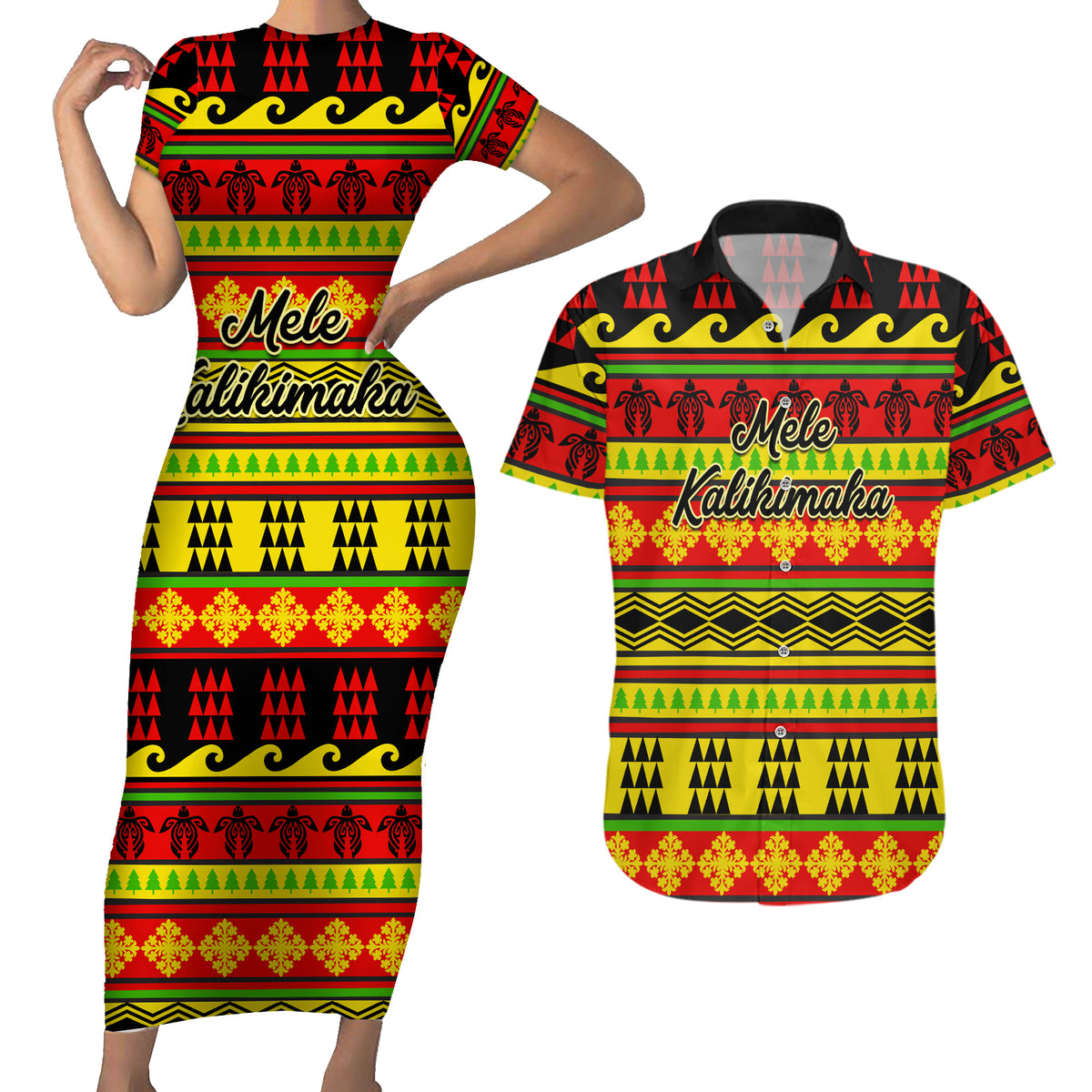 Custom Hawaii Christmas Couples Matching Short Sleeve Bodycon Dress and Hawaiian Shirt Hawaiian Quilt Pattern Reggae Version - Wonder Print Shop
