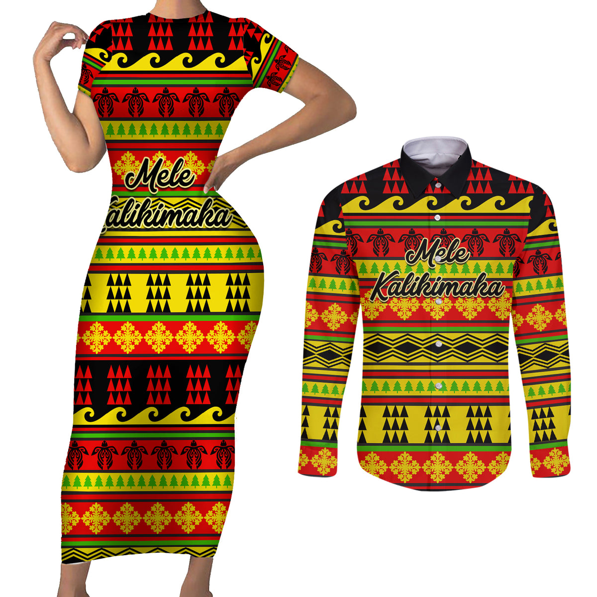 Custom Hawaii Christmas Couples Matching Short Sleeve Bodycon Dress and Long Sleeve Button Shirt Hawaiian Quilt Pattern Reggae Version - Wonder Print Shop