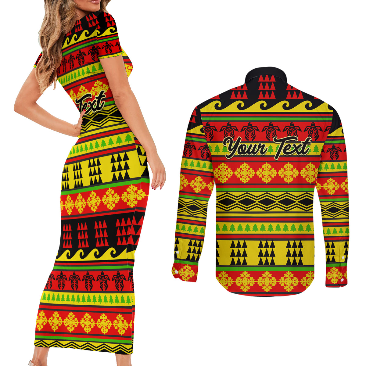 Custom Hawaii Christmas Couples Matching Short Sleeve Bodycon Dress and Long Sleeve Button Shirt Hawaiian Quilt Pattern Reggae Version - Wonder Print Shop