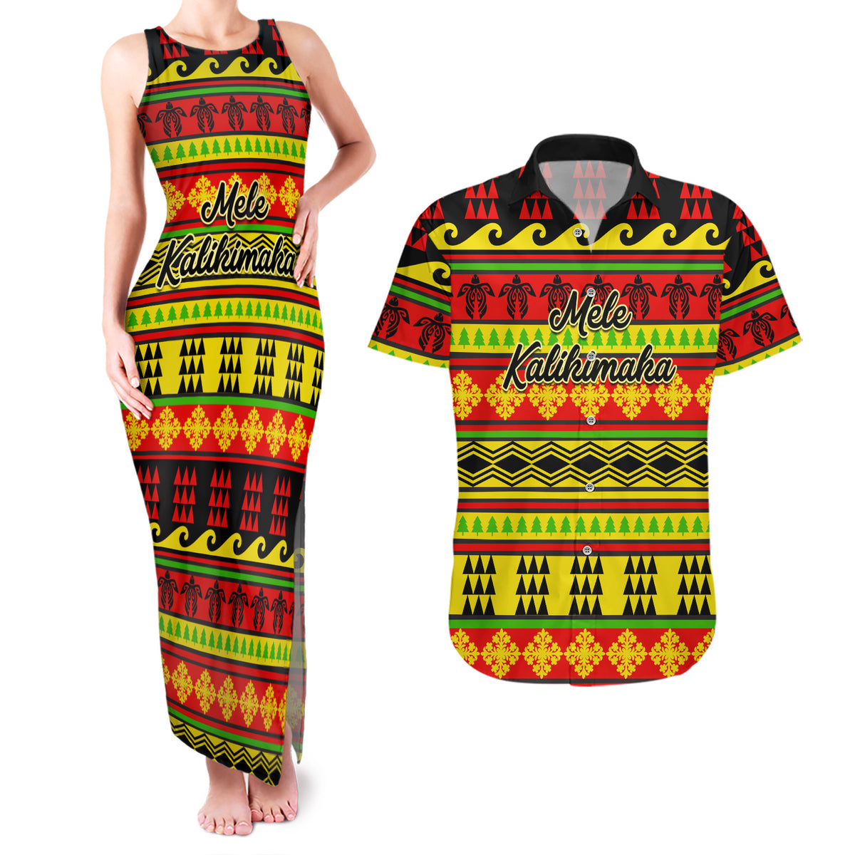 Custom Hawaii Christmas Couples Matching Tank Maxi Dress and Hawaiian Shirt Hawaiian Quilt Pattern Reggae Version - Wonder Print Shop